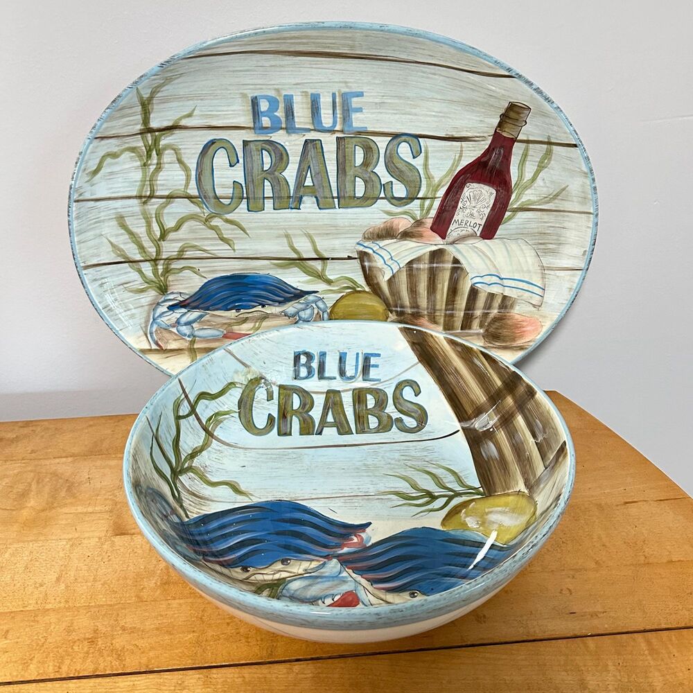Certified International Fishermans Catch Blue Crab Platter Bowl Set McRostie